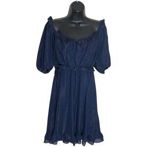 NWOT By The River Mini Dress Womens L Babydoll Puff Sleeve Swiss Dot Boho Ruffle